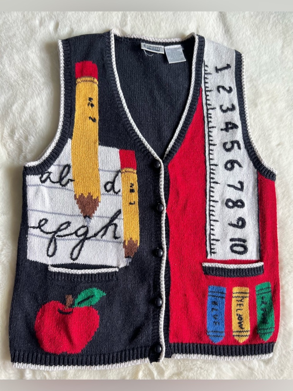 Teacher Sweater Vest Apple Pencil Ruler Knit Button Front Petite Medium Academia